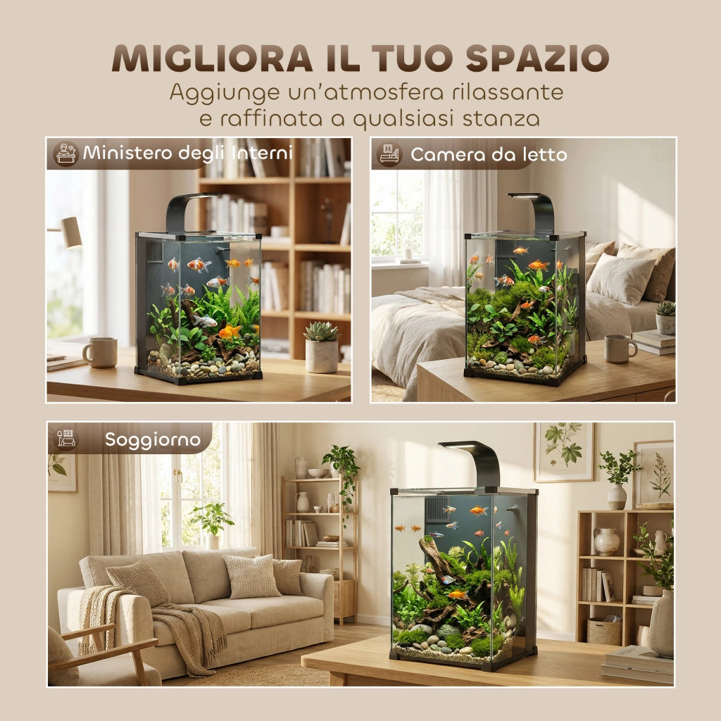 Acquario 30x30x45,5 cm Capacità 36L con Filtro Integrato e Luce LED in ABS e vetro Temperato Nero