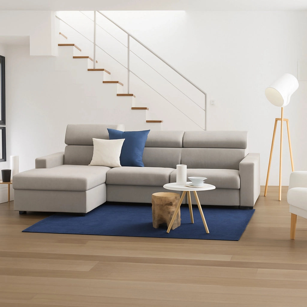 Divano fisso Akela, Divano ad angolo, Made in Italy, SofÒ  Soggiorno con chaise longue, in tessuto imbottito - Penisola contenitore Sinistra, con Braccioli standard, cm 280x95h85, Tortora