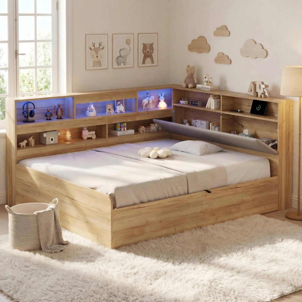 Letto daybed con contenitore idraulico; LED e presa USB; 90x200/140x200 cm; naturale