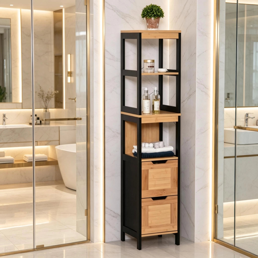 ARMADIO BAGNO alto 30x30x144,3 cm Bambù e MDF Nero/Naturale