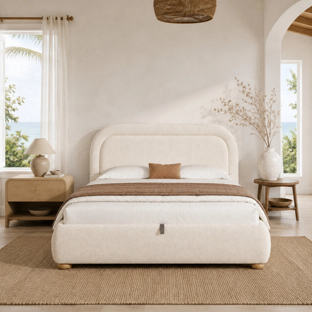Letto matrimoniale 140 x 190 cm con contenitore idraulico, testiera imbottita e tessuto bouclé beige