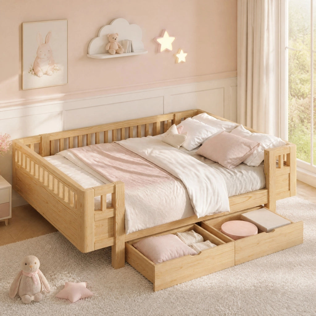 Letto a piattaforma con barriera protettiva e 2 cassetti; 90x200 cm; legno