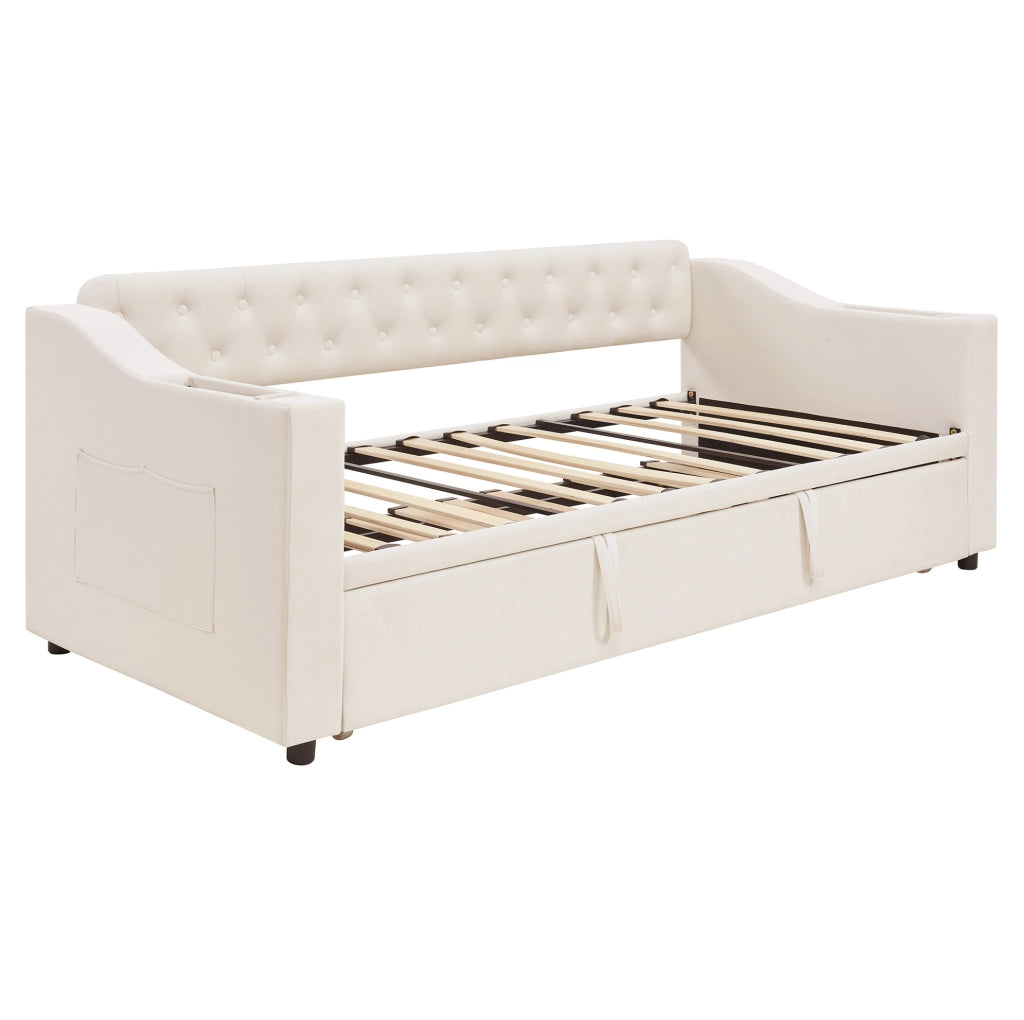 Divano letto imbottito 90x190 cm trasformabile in 180x190 cm; velluto beige con USB