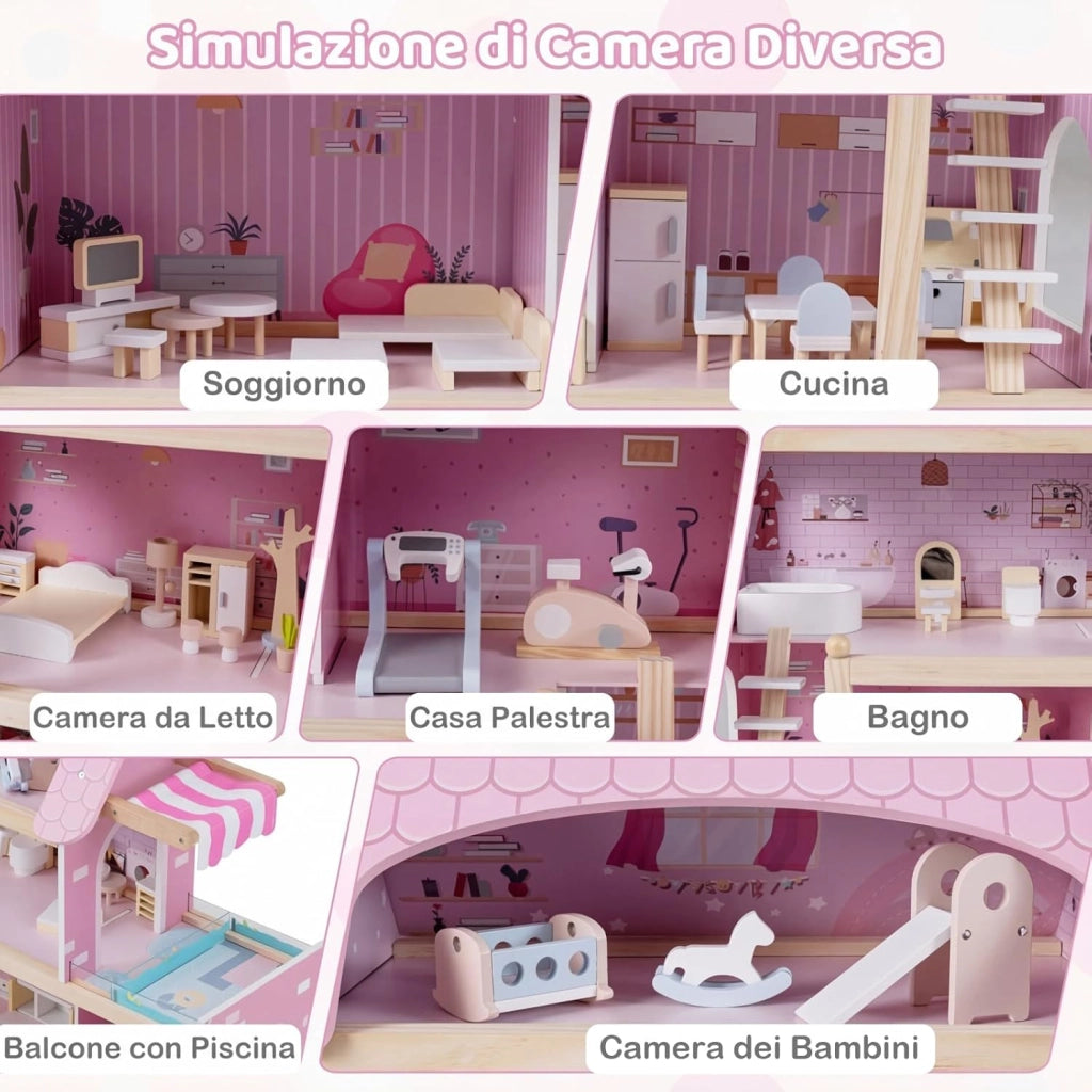 Casa delle Bambole in Legno, Casa Bambole con 4 Piani, 6 Stanze, Terrazza, Piscina e Scale, Casetta Giocattolo Educativo con 33 Mobili Accessori, per Bambini 3+ Anni, 63 x 25 x 78 cm (Rose)