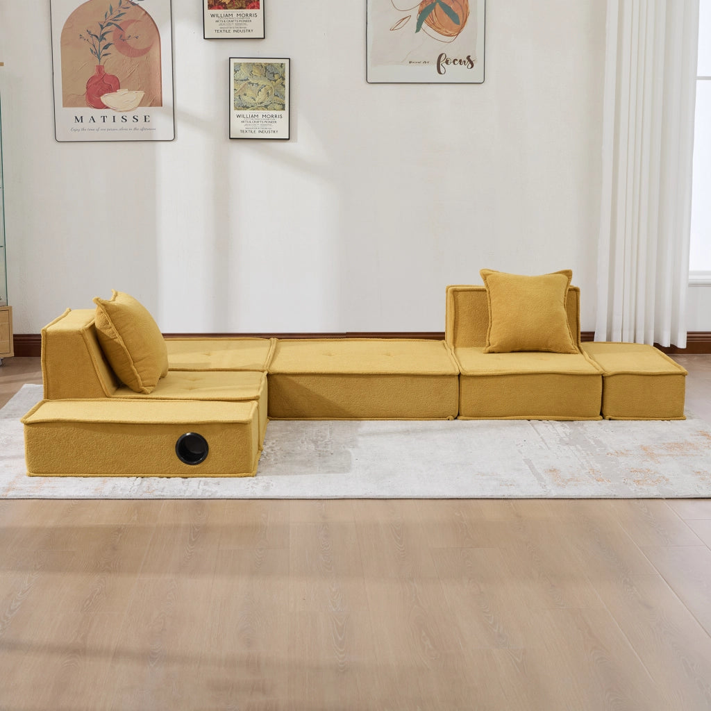 Pouf divano modulare in chenille giallo senape; 162x78x66 cm