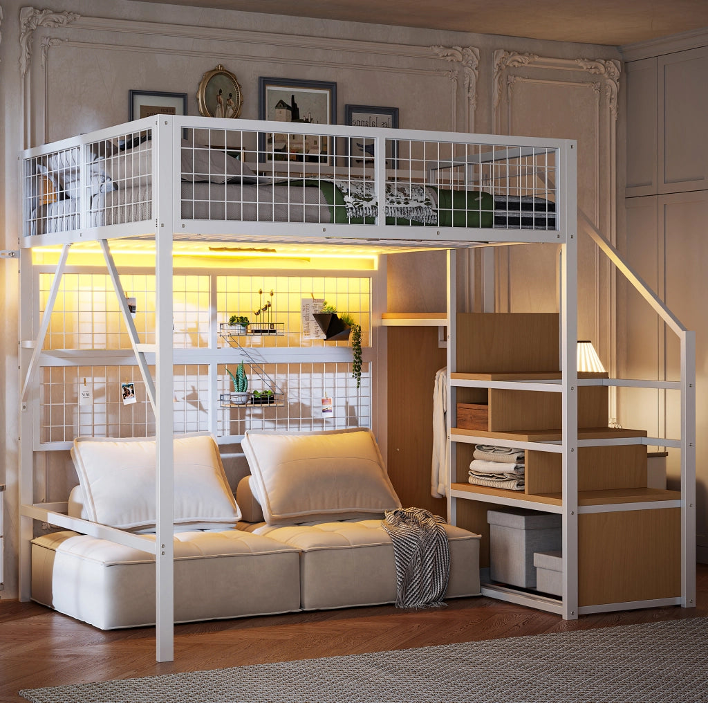 Letto a soppalco 140x200 cm in metallo con LED e scala