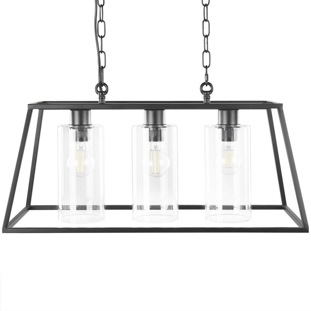 Lampada a Sospensione in Metallo Nero 117 cm Cornice Gabbia 3 Paralumi Cilindrici in Vetro Plafoniera