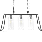 Lampada a Sospensione in Metallo Nero 117 cm Cornice Gabbia 3 Paralumi Cilindrici in Vetro Plafoniera