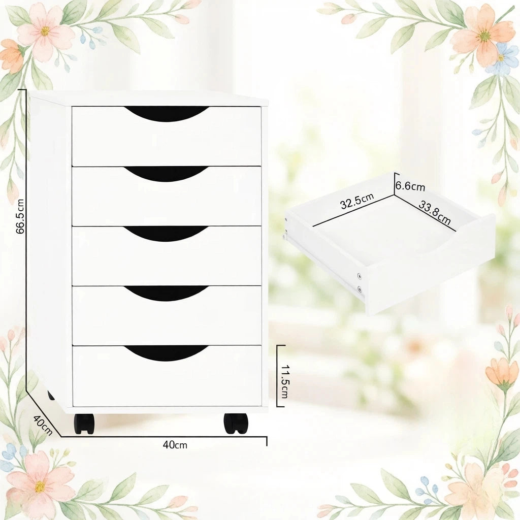 Cassettiera con ruote con 5 cassetti, per ufficio e camera, in legno ingegnerizzato, bianco, 40 × 40 × 66,5 cm