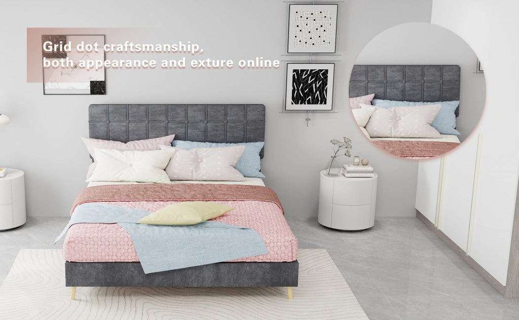 Letto matrimoniale 140 × 200 cm con testiera imbottita a quadri, struttura stabile, senza materasso, grigio