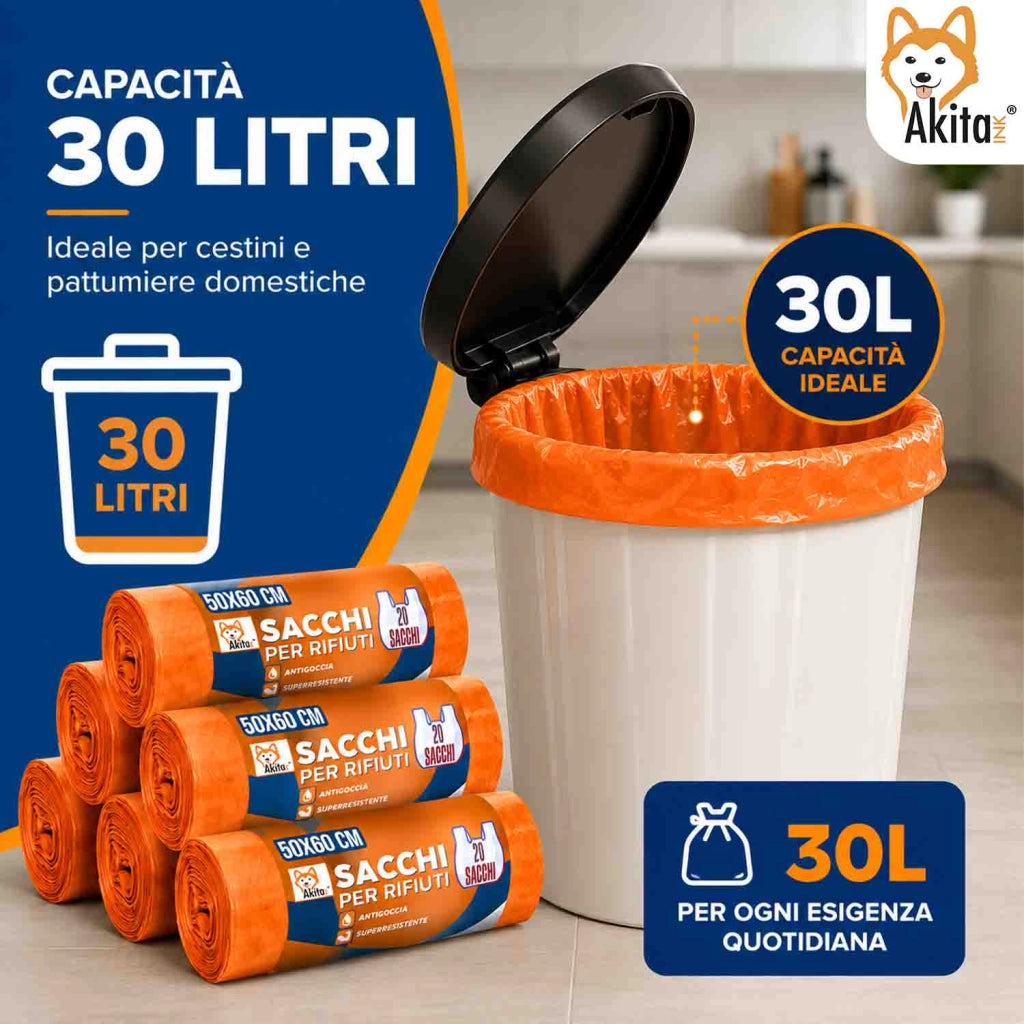 Akitaink 120 Sacchi Spazzatura 50x60 Arancio con Legacci