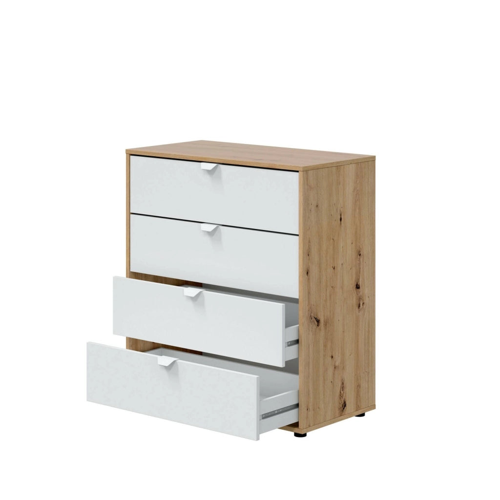 Comodino Spinello, Comò basso, Tavolino da notte, Mensola da letto, 78x40 h86 cm, Bianco e Rovere Nodi