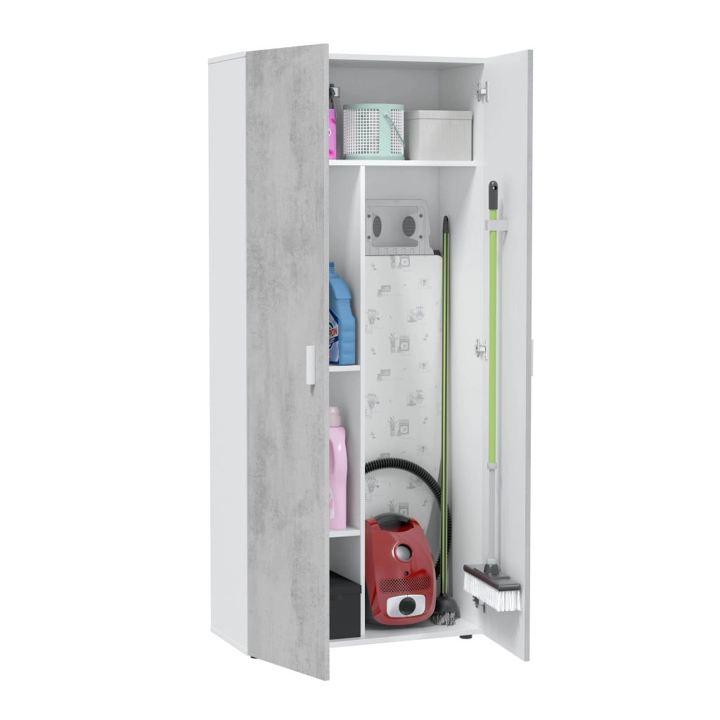 Armadio Alto Multiuso Con Doppia Anta E 4 Ripiani Ideale Per Bagno Ingresso Camera Da Letto Garage Ripostiglio Design Moderno Huelva L 80 x 37 x 182 Cm Bianco E Grigio Cemento