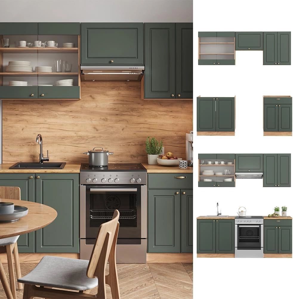 Cucina componibile Fame-Line, Quercia verde-oro Country/oro Power, 200 cm, PL Rovere, adatto per l'espansione personalizzata con moduli aggiuntivi