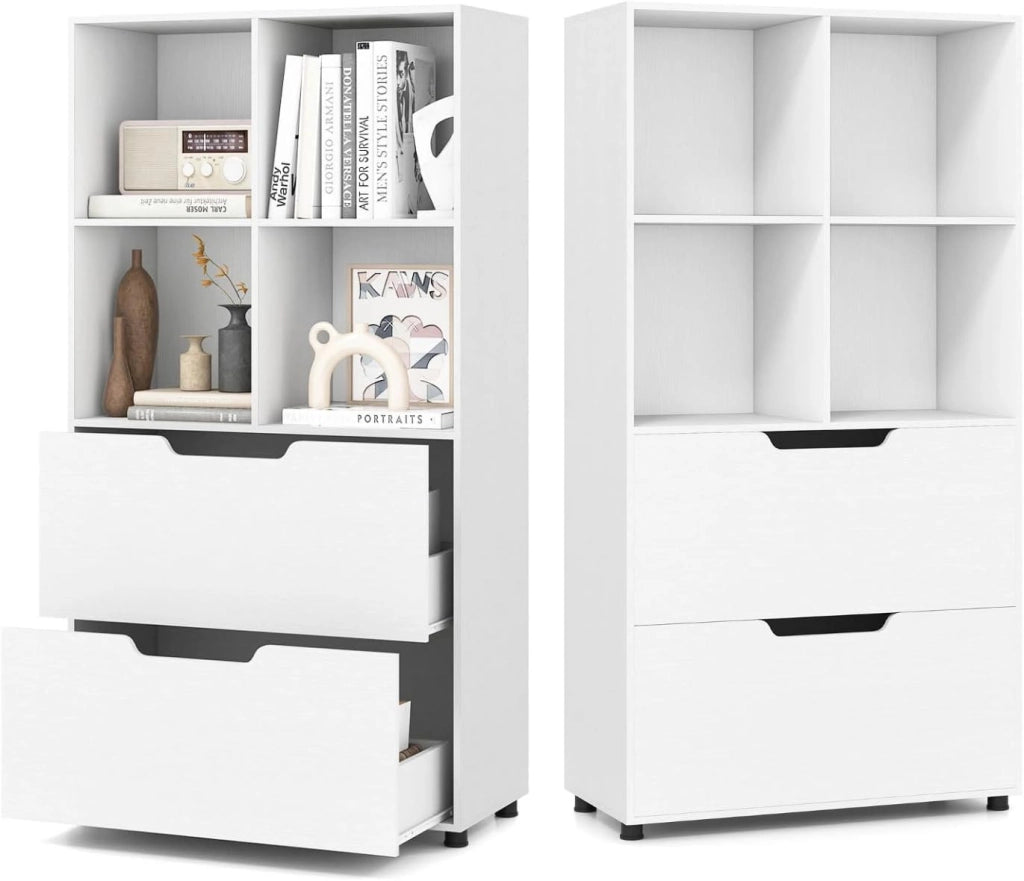 Libreria Scaffale in Legno con 4 Cubi e 2 Cassetti, Libreria Chiusa con Dispositivo Antiribaltamento, Mobile per Soggiorno, Ufficio, Camera da Letto, 70 x 33,5 x 130 cm (Nero)