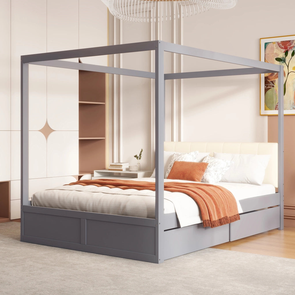 LETTO a tenda 140x200 cm con 2 cassetti e testiera imbottita grigio