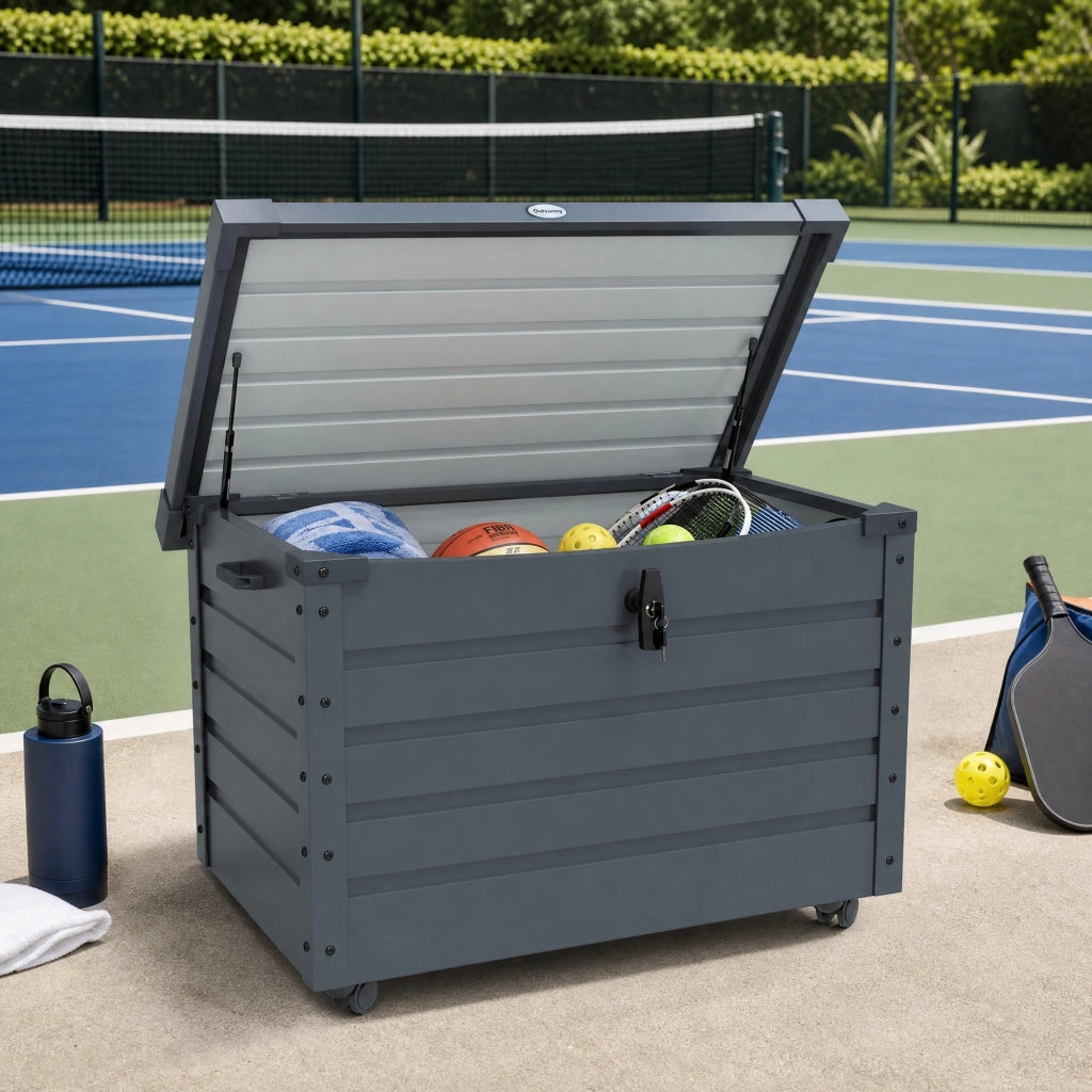 Box da giardino con ruote e coperchio bloccabile 100 x 62 x 65 cm in acciaio grigio scuro