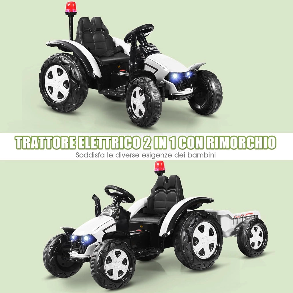 Trattore Elettrico per Bambini con Rimorchio, 2 in 1 Go Kart e Trattore per Bambini 3-8 Anni, con Telecomando e Cintura di Sicurezza a 2 Punti (Bianco)