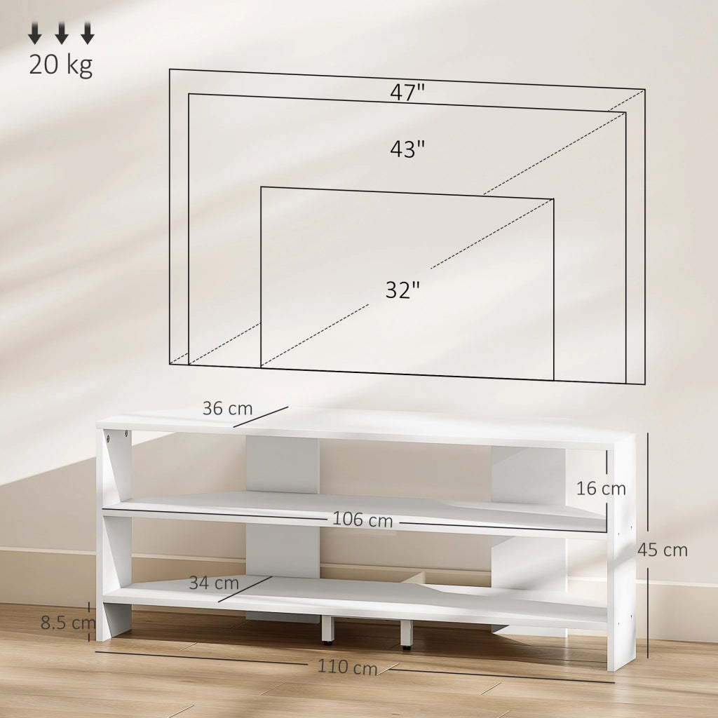 Mobile TV ad Angolo per 47" Max 110x36x45 cm con 2 Ripiani a Giorno in Legno Bianco