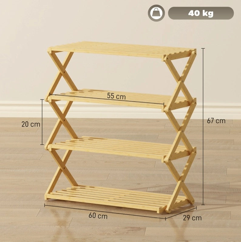 Scarpiera pieghevole in bambù a 4 ripiani 60x29x67 cm naturale, senza montaggio