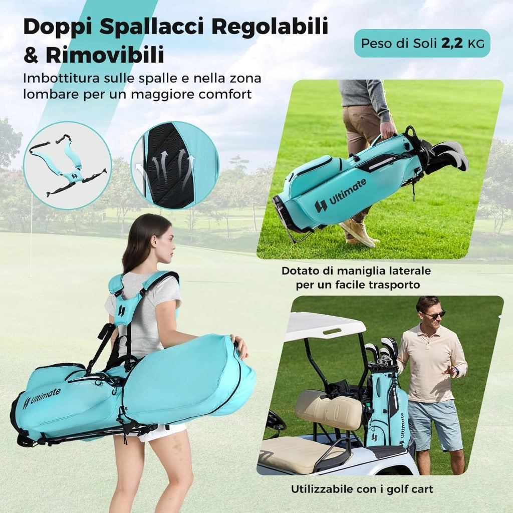 Borsa da Golf con Divisori Superiori a 8 Vie & 5 Tasche con Cerniera, Tracolla Regolabile a Doppia Spalla, Cappuccio Antipioggia e Portombrelli, Sacca da Golf per Donna e Uomo