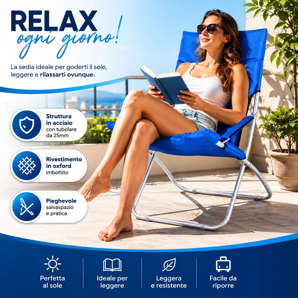 Spiaggina Sedia Canapone In Acciaio Tessuto Imbottito Pieghevole Relax Blu