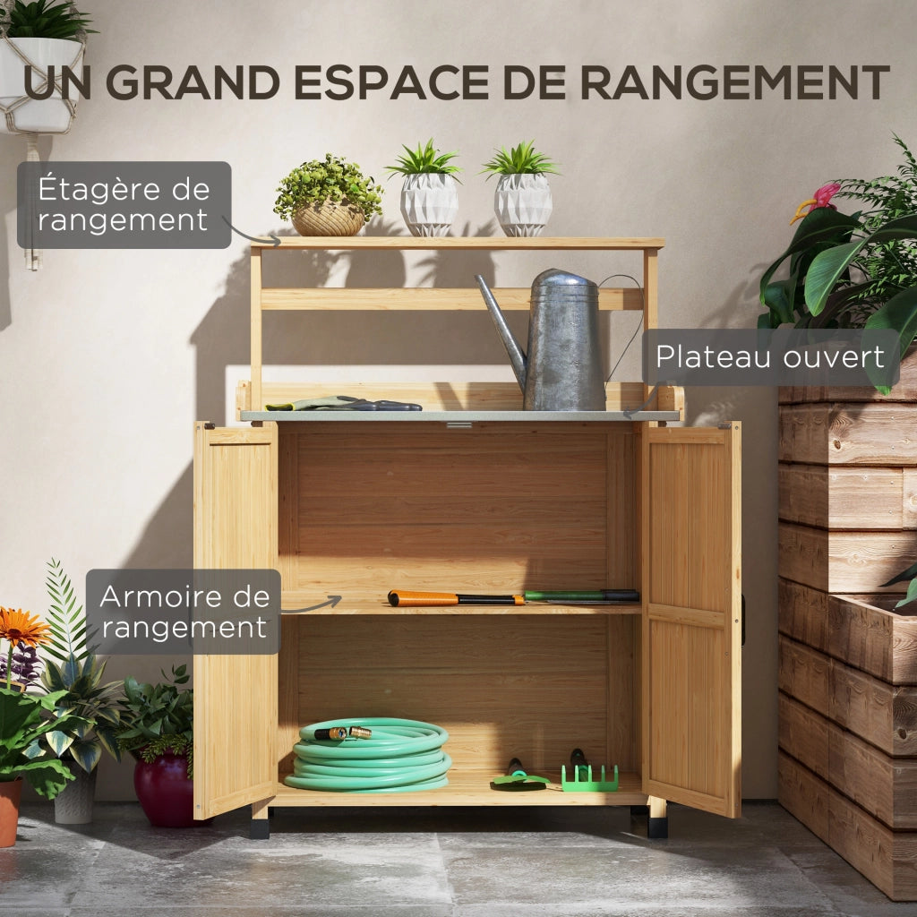 Tavolo da giardinaggio in legno ¨C Xylo ¨C con ripiani e armadietto giallo