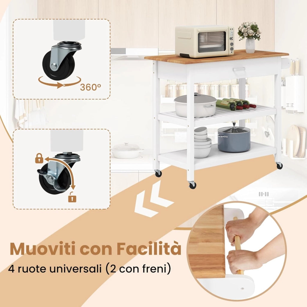 Carrello da Cucina Salvaspazio con Ruote, Mobiletto Cucina con Piano in Legno, Cassetto, 2 Ripiani Aperti, Carrello da Portata per Sala da Pranzo, 106 x 50 x 89 cm (Bianco)