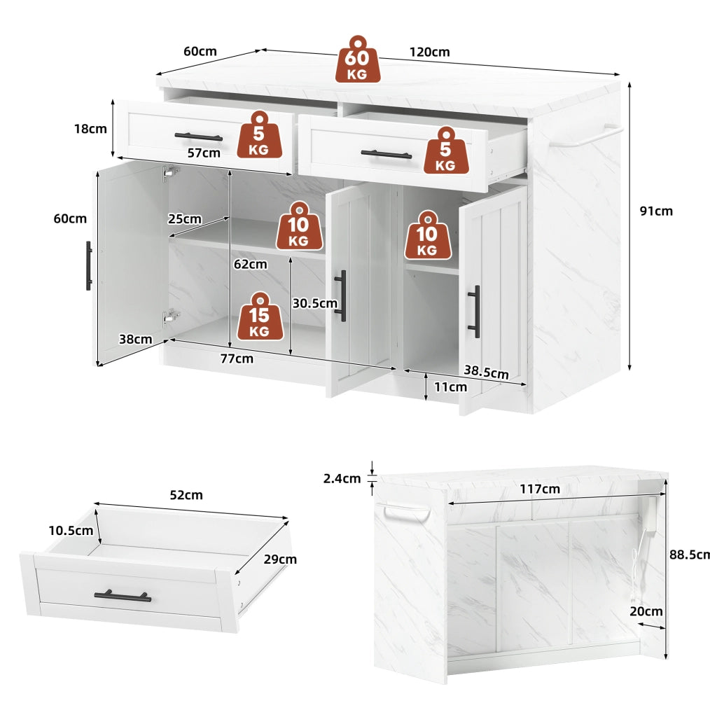 Isola cucina 120x60x91 cm con piano bar, prese e USB, 2 cassetti, 3 ante e ripiani regolabili