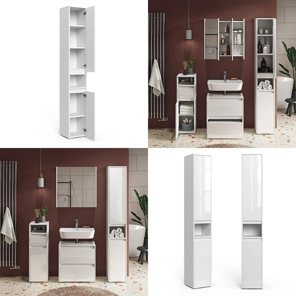 Armadio per il bagno Majest, Bianco lucido, 30.2 x 191.5 cm con ante e vano a giorno, per la conservazione con sei ripiani regolabili