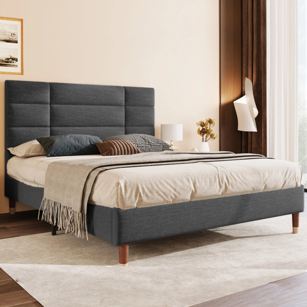 Letto imbottito 140x200 cm con testiera e rete a doghe, grigio