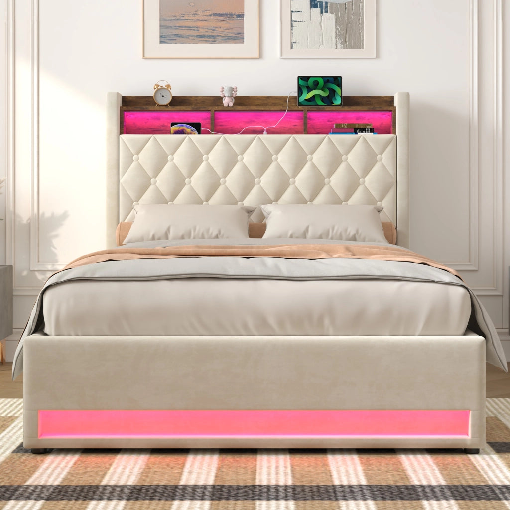 Letto matrimoniale imbottito 140x190 cm beige in velluto con contenitore, LED e porta USB