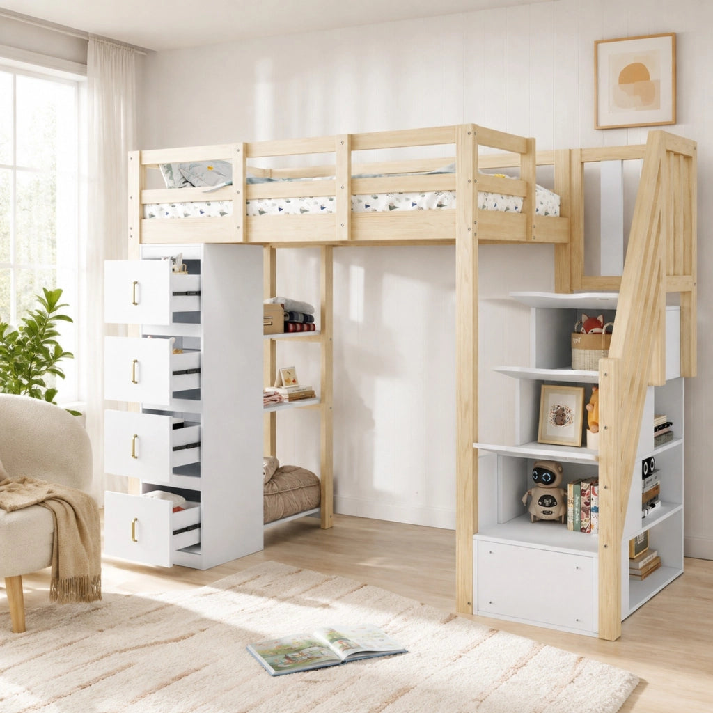 Letto a soppalco singolo 90×200 cm con 4 cassetti; scaffale a 3 ripiani e scala; senza materasso; legno naturale