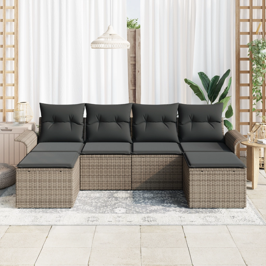 Set di divani da giardino da 6 pezzi con cuscini grigio polyrattan
