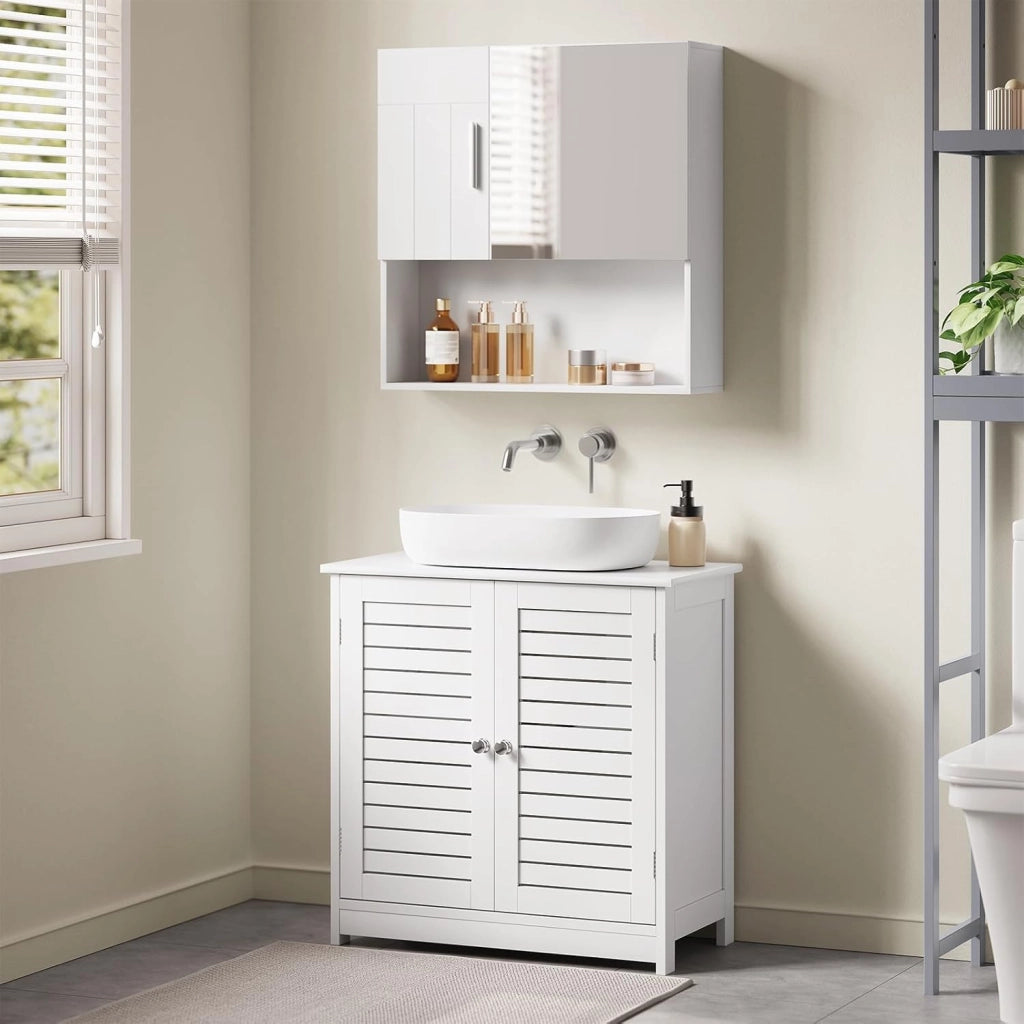 Mobiletto Sottolavabo Sottolavello Bianco Armadietto sotto Lavandino per Bagno con Due Ante in Legno