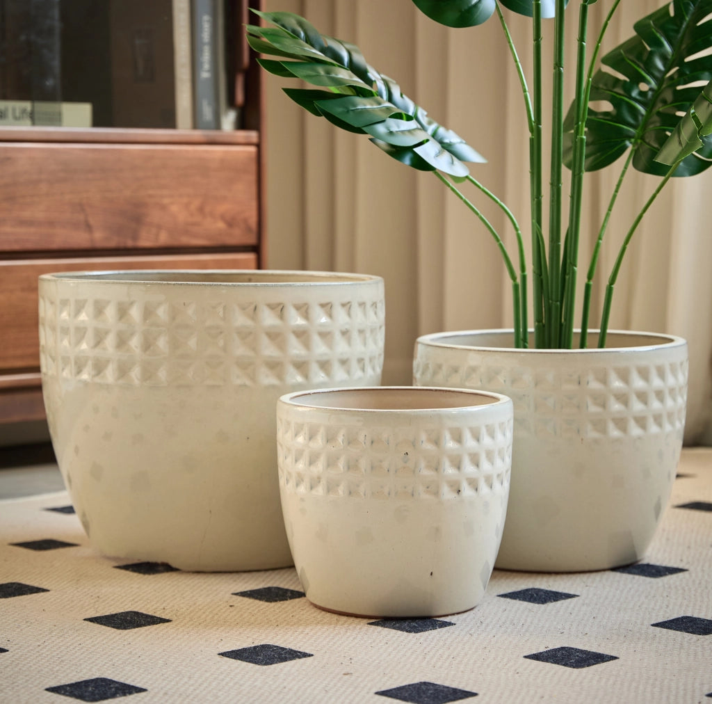 Set 3 vasi da giardino in ceramica Ancient White con drenaggio