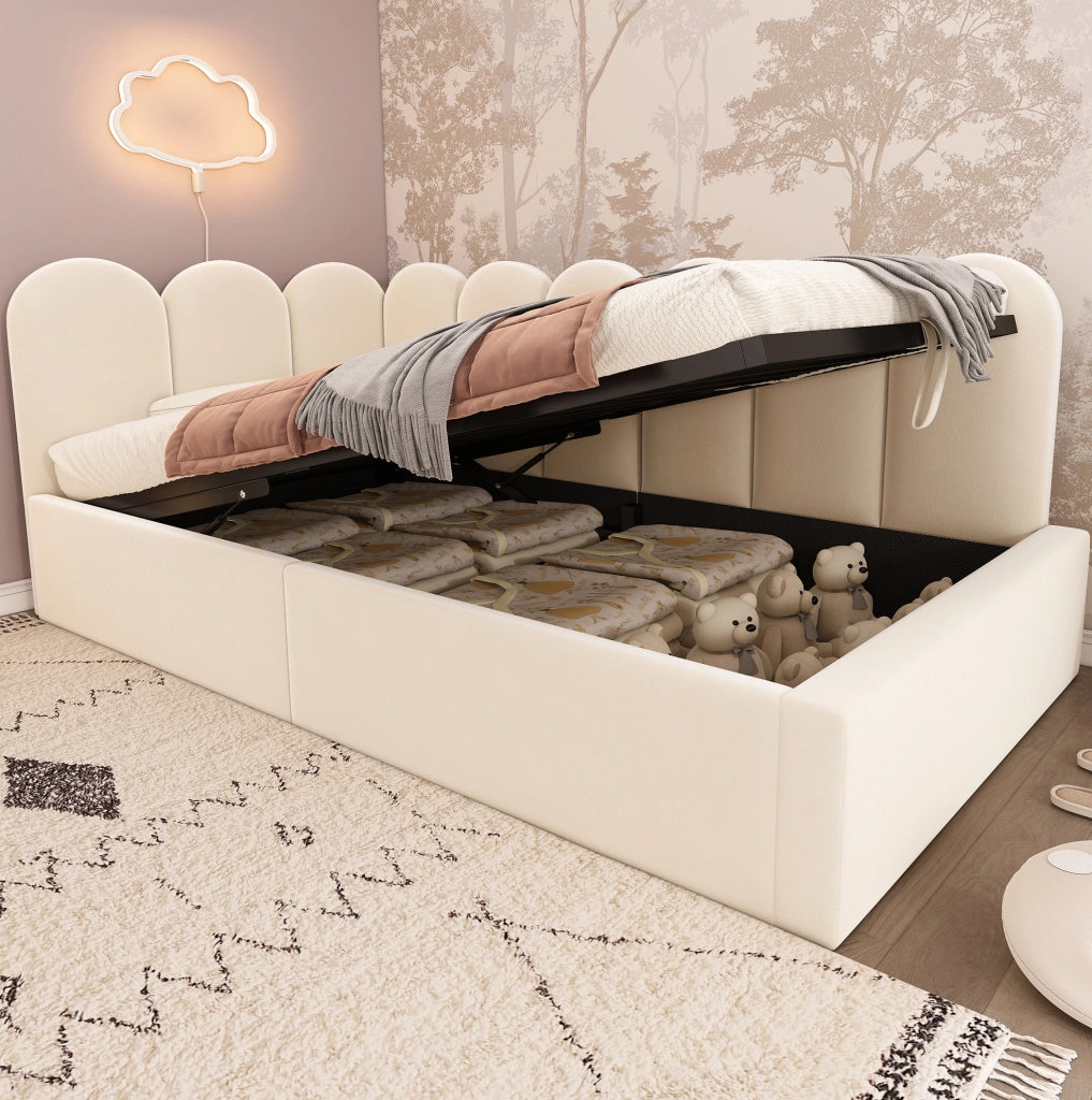 Letto daybed 90x200 cm con contenitore idraulico; struttura in metallo e velluto beige