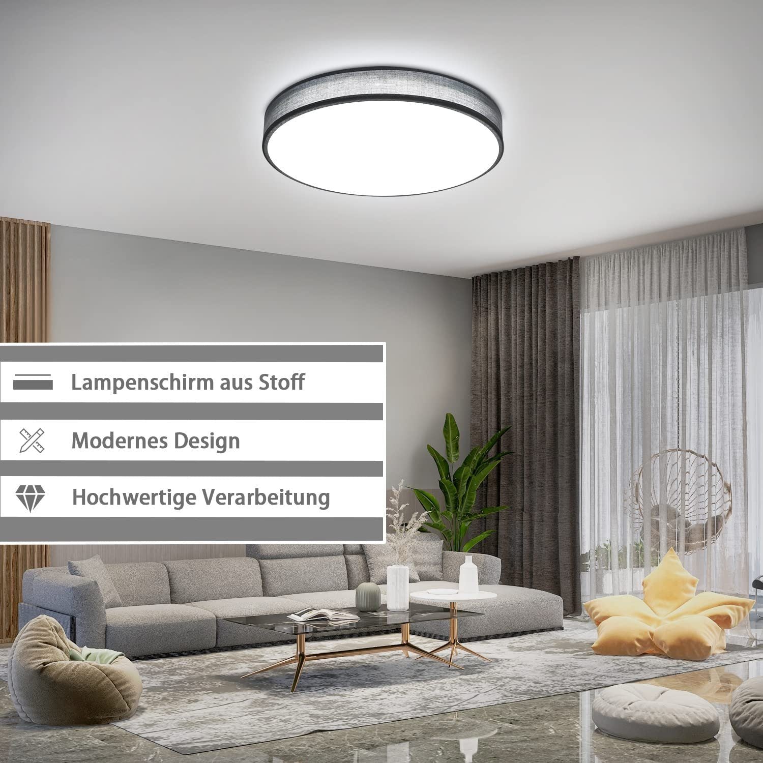 ZMH Lampada da soffitto LED 38cm paralume tessuto rotondo 38W per camera letto