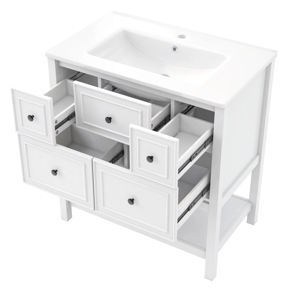 Mobile sottolavabo con lavabo in ceramica e 5 cassetti - per bagno - 76×46.5×82 cm - bianco