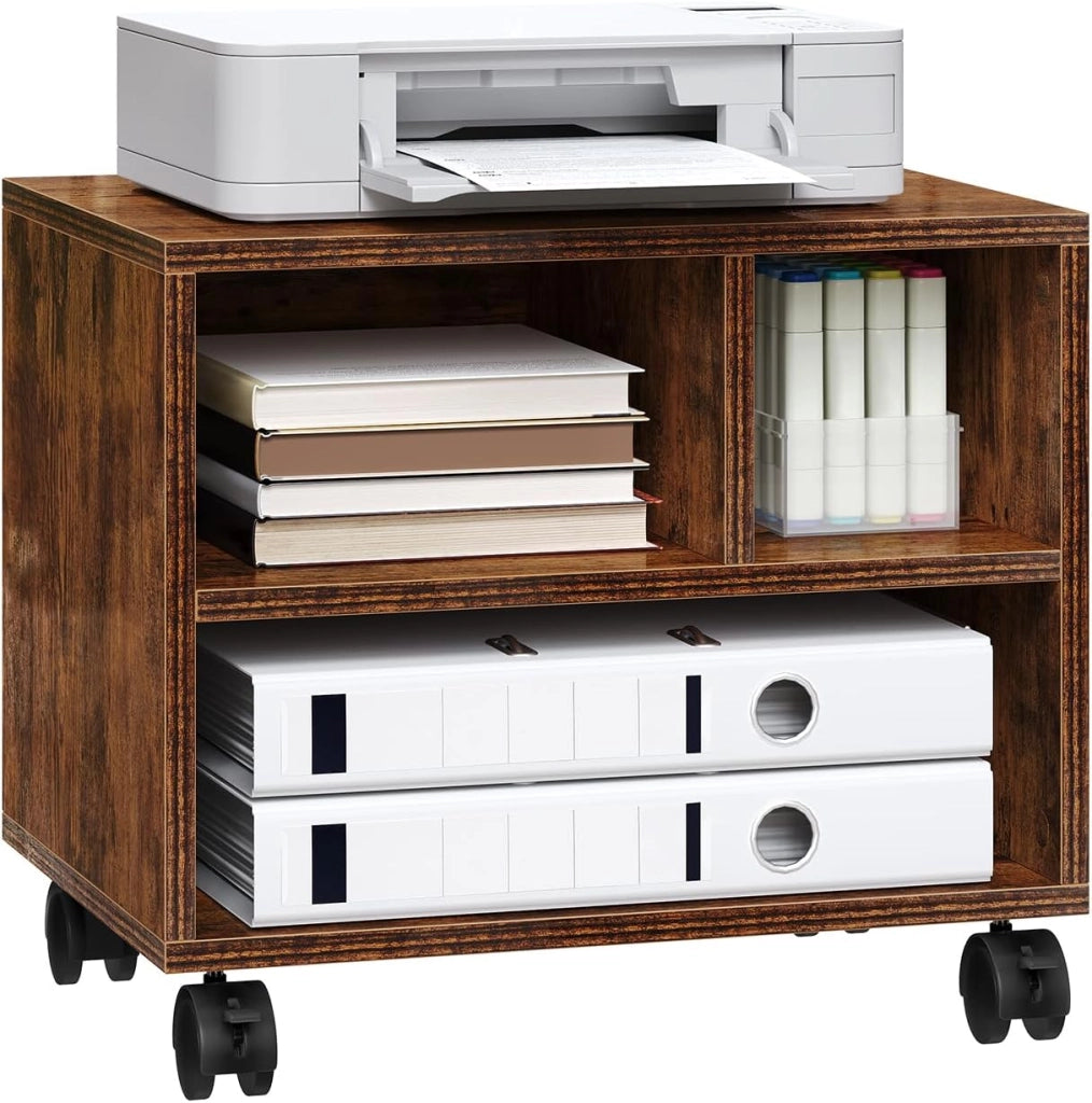 Carrello Porta Stampante con 3 Scomparti Aperti, Mobiletto con Ruote, Supporto per Stampante in Legno, Classificatore per Documenti per Studio, Ufficio, 40x30x35cm, Marrone Rustico
