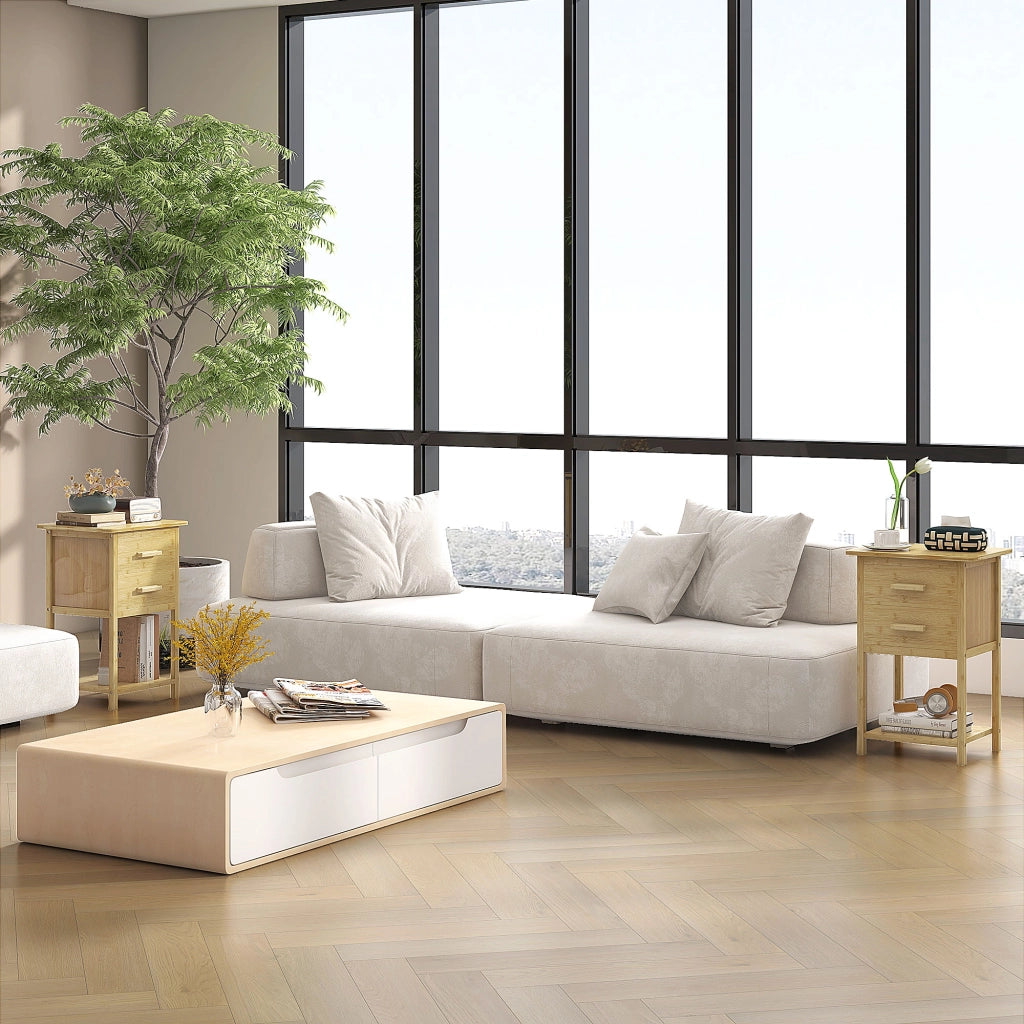 Set 2 Comodini con 2 Cassetti e Ripiano Inferiore in stile Nordico, Comodini Moderni in Bamb¨´, 40x34x60 cm, color Legno
