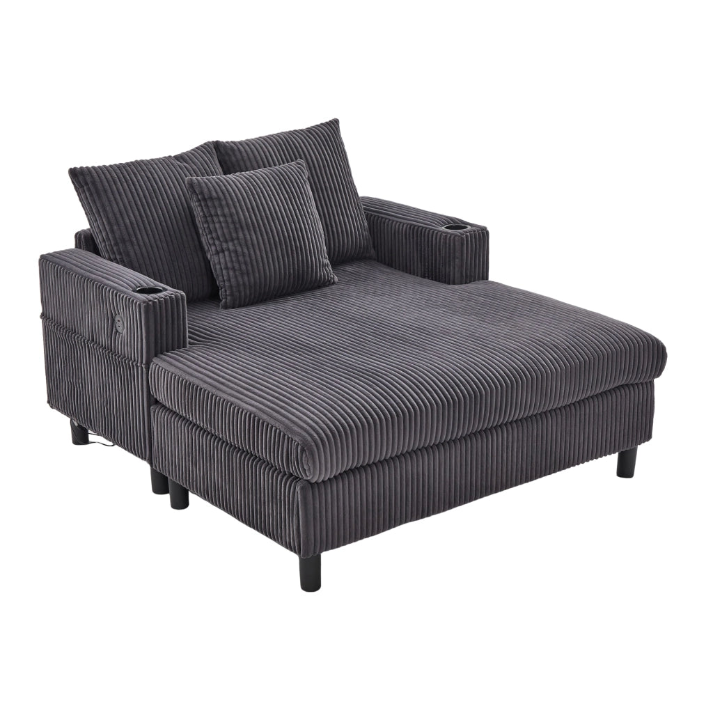 Poltrona Chaise Longue con LED; USB e Portabicchieri; Seduta Profonda in Velluto a Coste; Grigio Scuro 142 × 128 × 85 cm