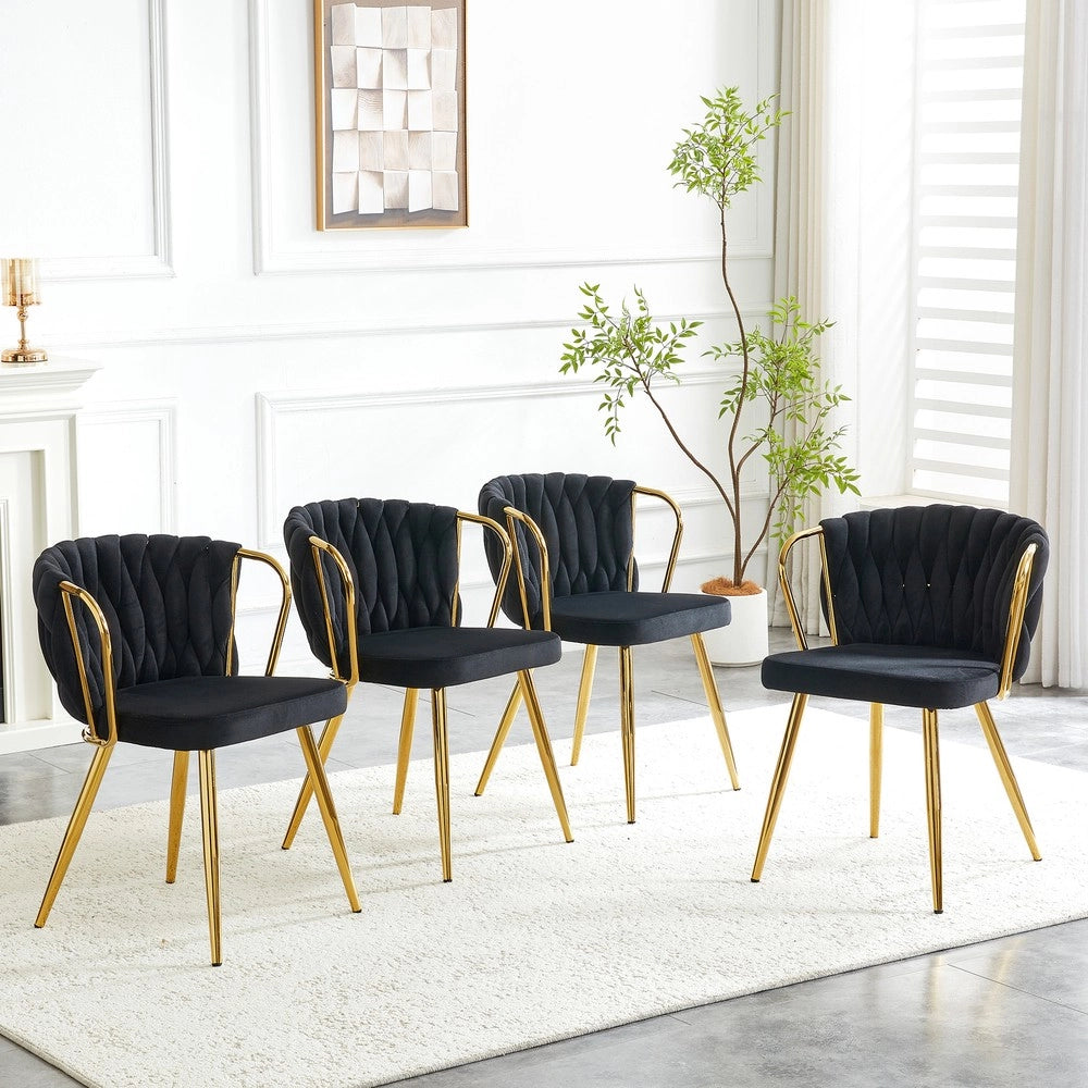 Sedia da Pranzo Velluto ¨C MINIMAL ¨C Schienale Intrecciato, Gambe Metallo Dorate, Nero-Oro
