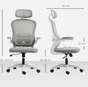 Poltrona da ufficio ergonomica grigia con schienale in rete e braccioli ribaltabili