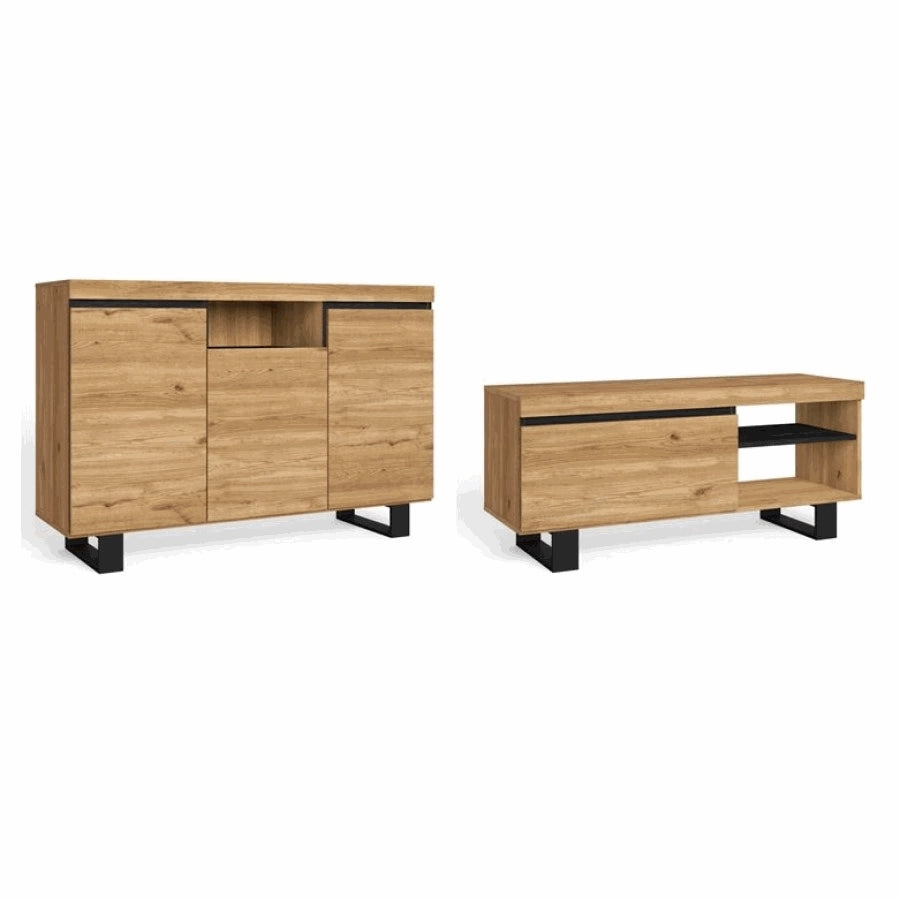 Set Naturale Sala da Pranzo, Mobile Ausiliario, Credenza-Mobile TV 120cm colore Rovere Nero Nordico RF988