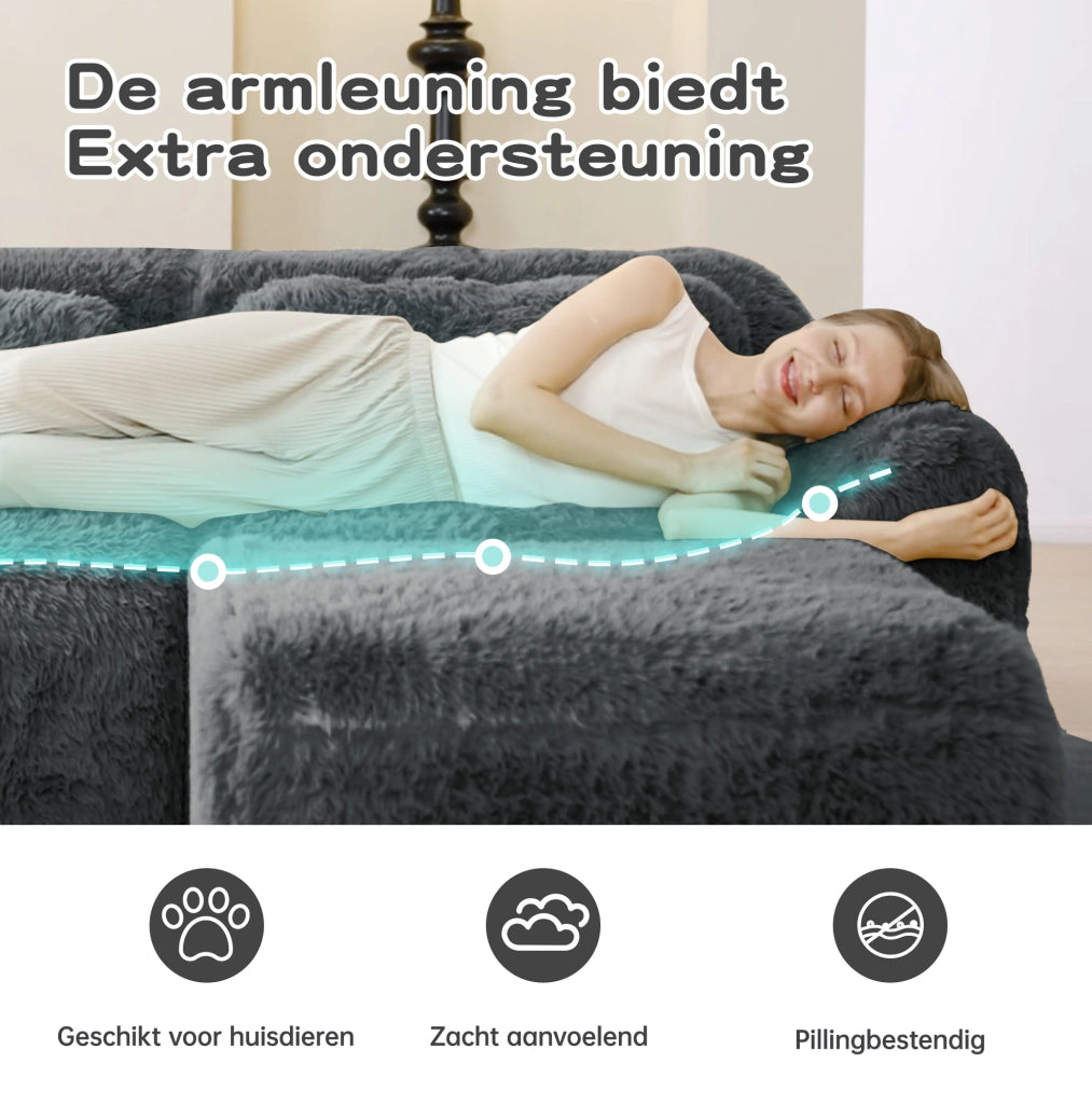 Divano modulare 3 posti Boneless Cloud in tessuto vellutato grigio con 3 pouf