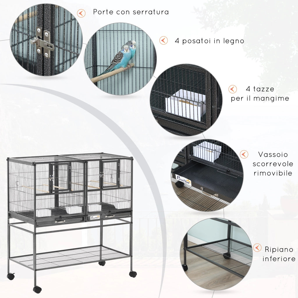 Gabbia per Uccelli Doppia ¨C Zephmum ¨C Nero Grigio, Metallo, 95x45.5x102cm