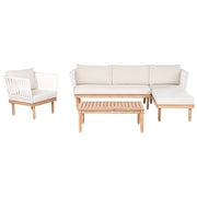 Set Lounge da Esterno in Legno di Acacia con Cuscini Bianchi, Poltrona in Rattan Sintetico e Tavolino 4 Posti Sinistro