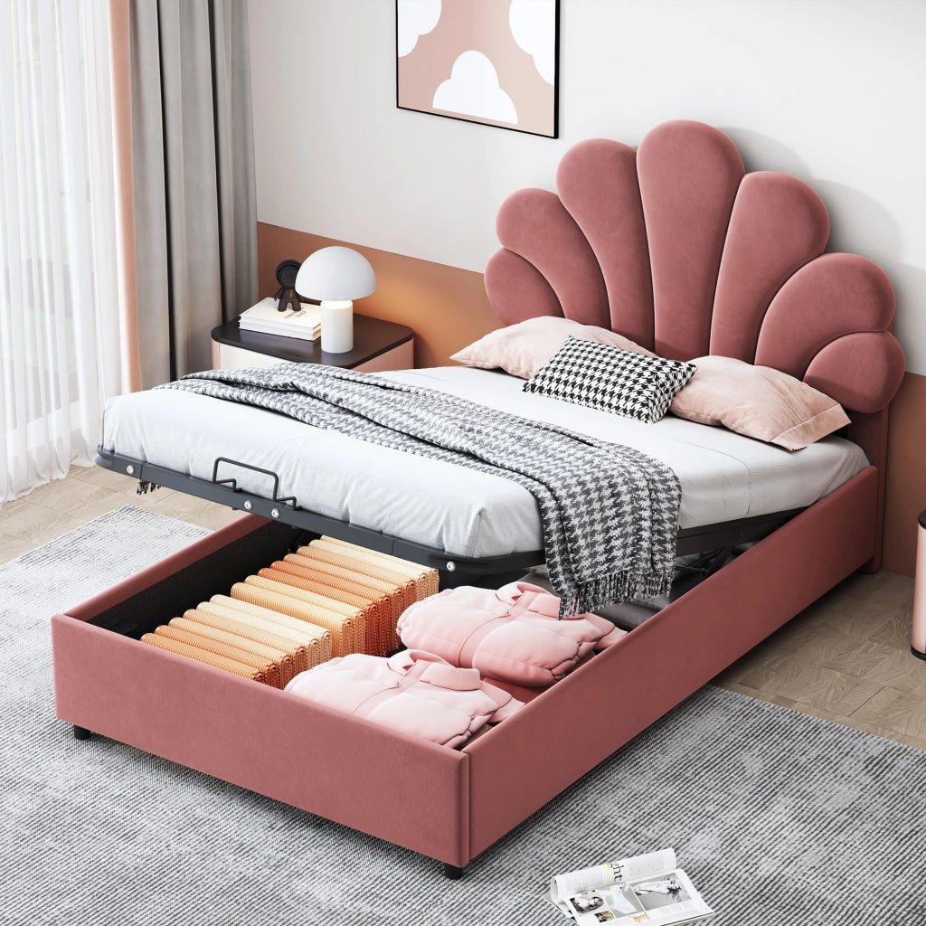 Letti contenitori 90x200 cm; con contenitore e testiera decorativa; velluto rosa (Senza materasso)
