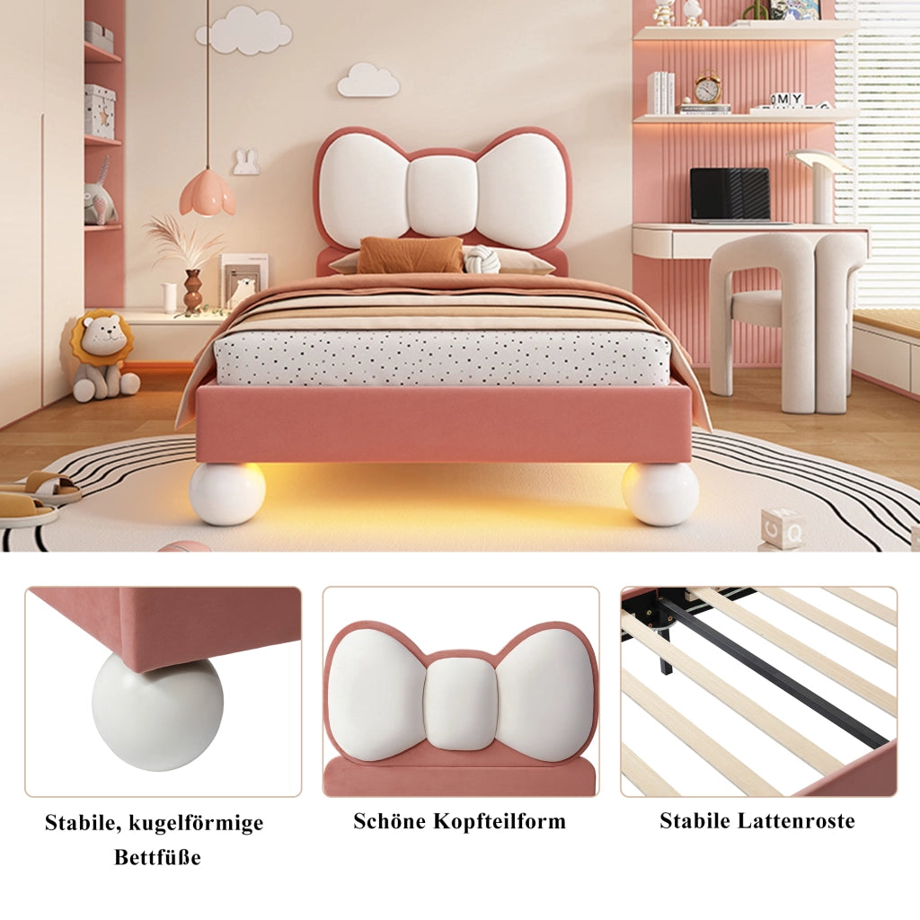DESMIU Letto bambino 90 × 200 cm con testiera a farfalla e striscia LED regolabile, senza materasso, in velluto, rosa beige